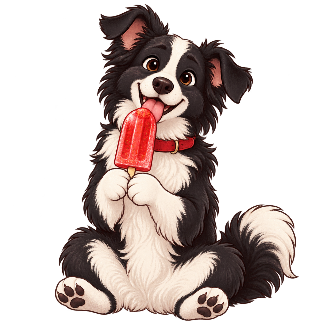 An illustrated border collie and Australian shepherd mix enjoying a popsicle, inspired by Astro
