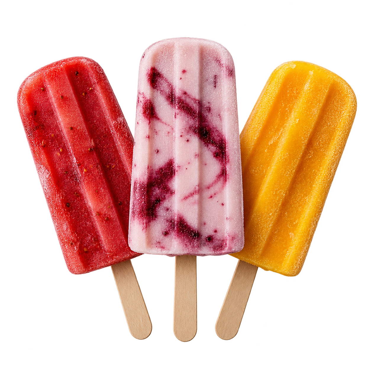 Three colorful artisan popsicles in strawberry red, berry cream, and mango orange